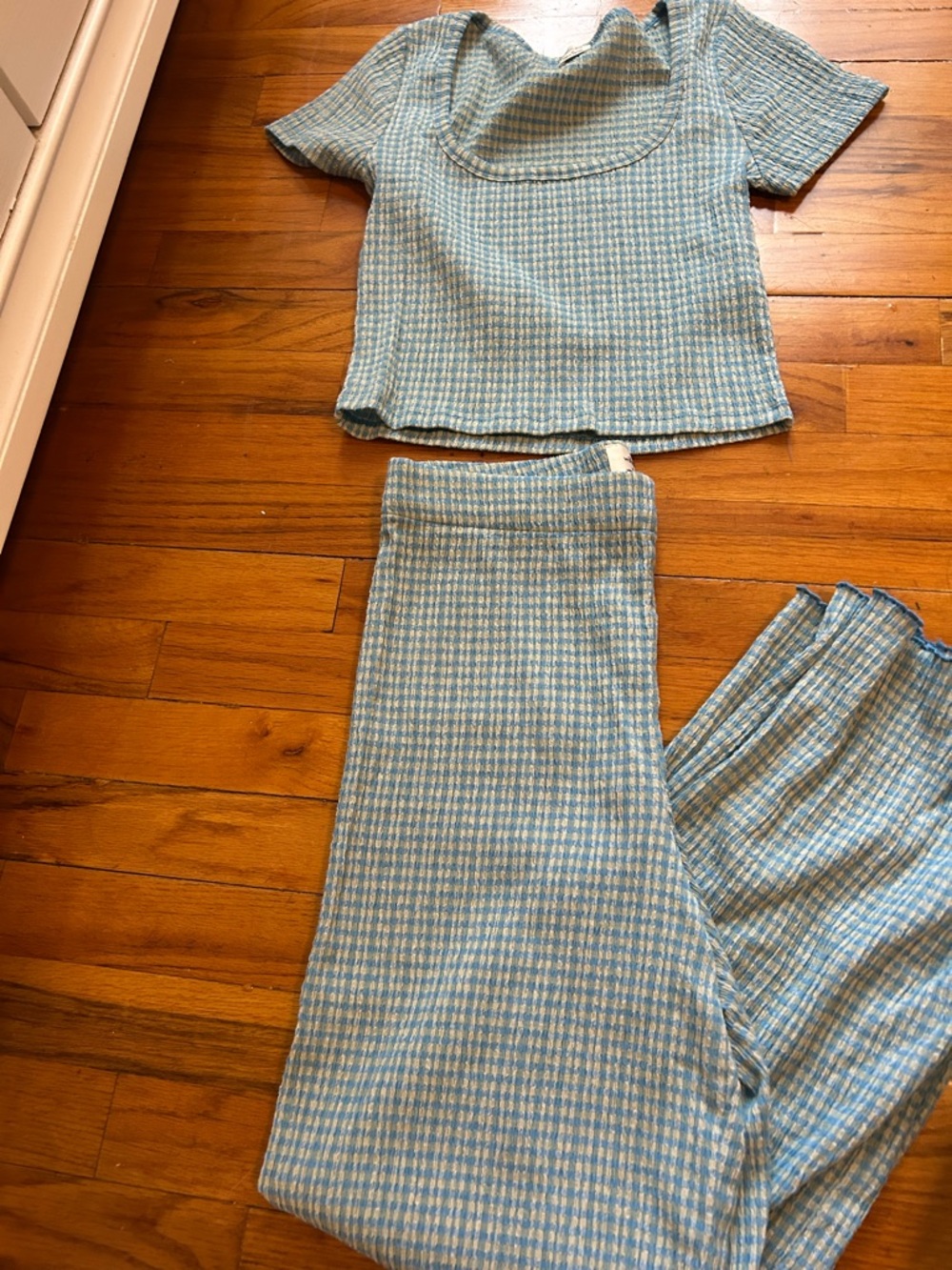 Aritzia Two-Piece Light Blue Houndstooth Knit Top & Pants Set